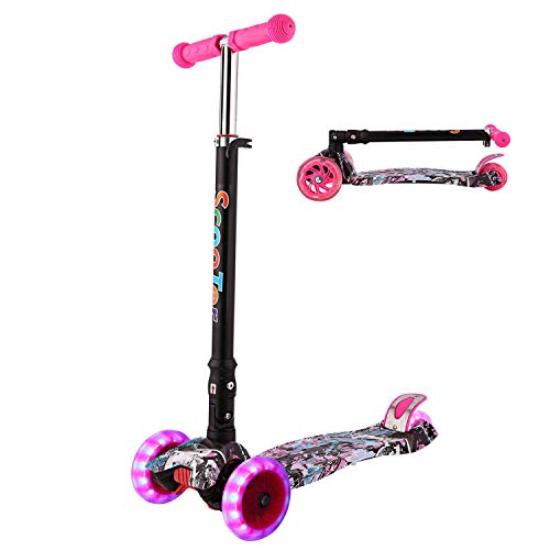 WeSkate Kinderroller Mädchen Jungen Kick Scooter Kinder 3 Rad Roller Kleinkind mit Graffiti Deck Einstellbar Höhe Klappbar faltbar System Roller Dreirad ab 3-12 Jahre